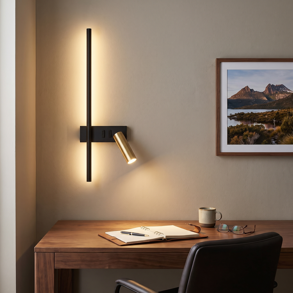 Preso LED wall reading light in a home office
