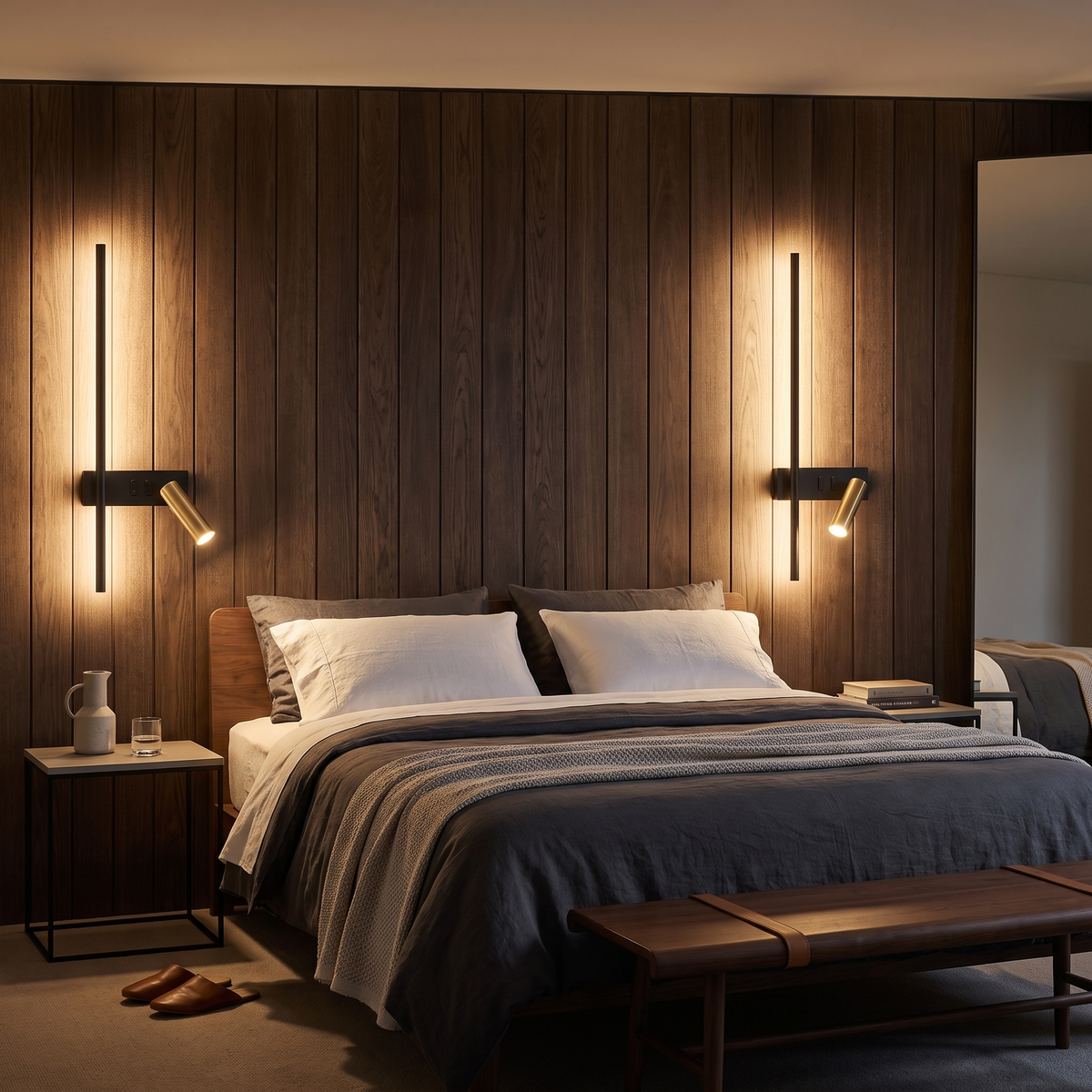 Preso LED wall reading light in a panelled hotel room