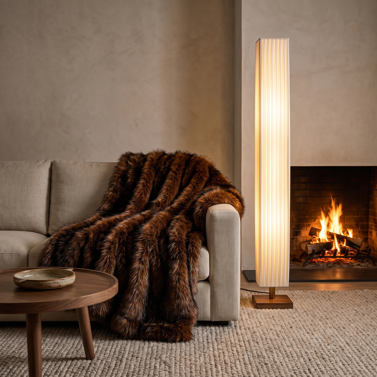 Yuki floor lamp, Lorne faux fur blanket and Zeraphia round table in a fireside winter living room