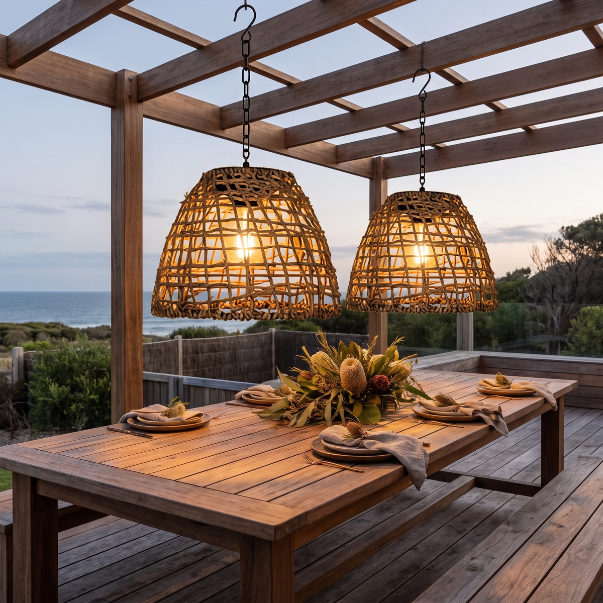 Two Riley rattan solar lanterns hanging from an open pergola beam over a coastal deck dining table at dusk