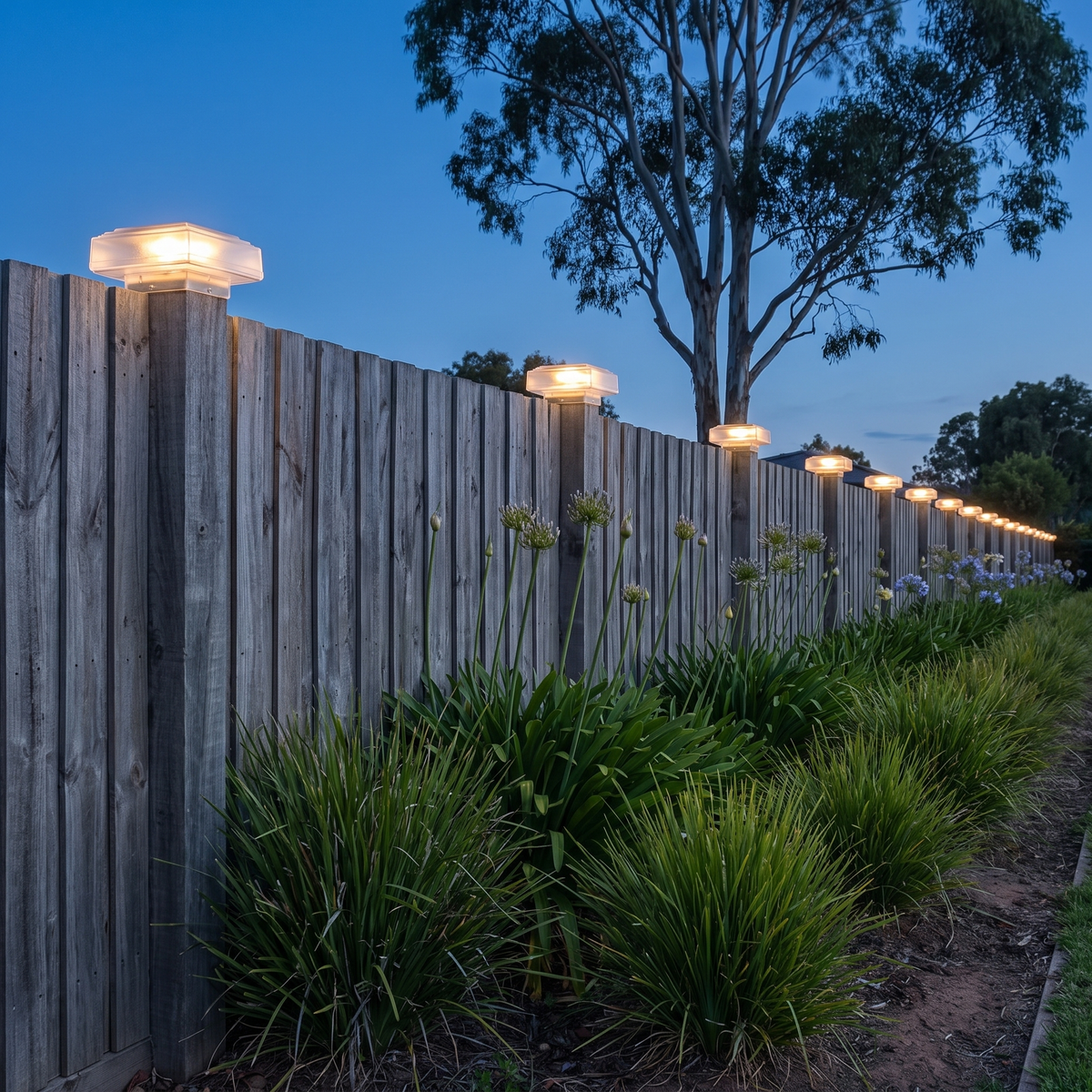 Row of Honi solar fence lights glowing along a backyard paling fence at dusk