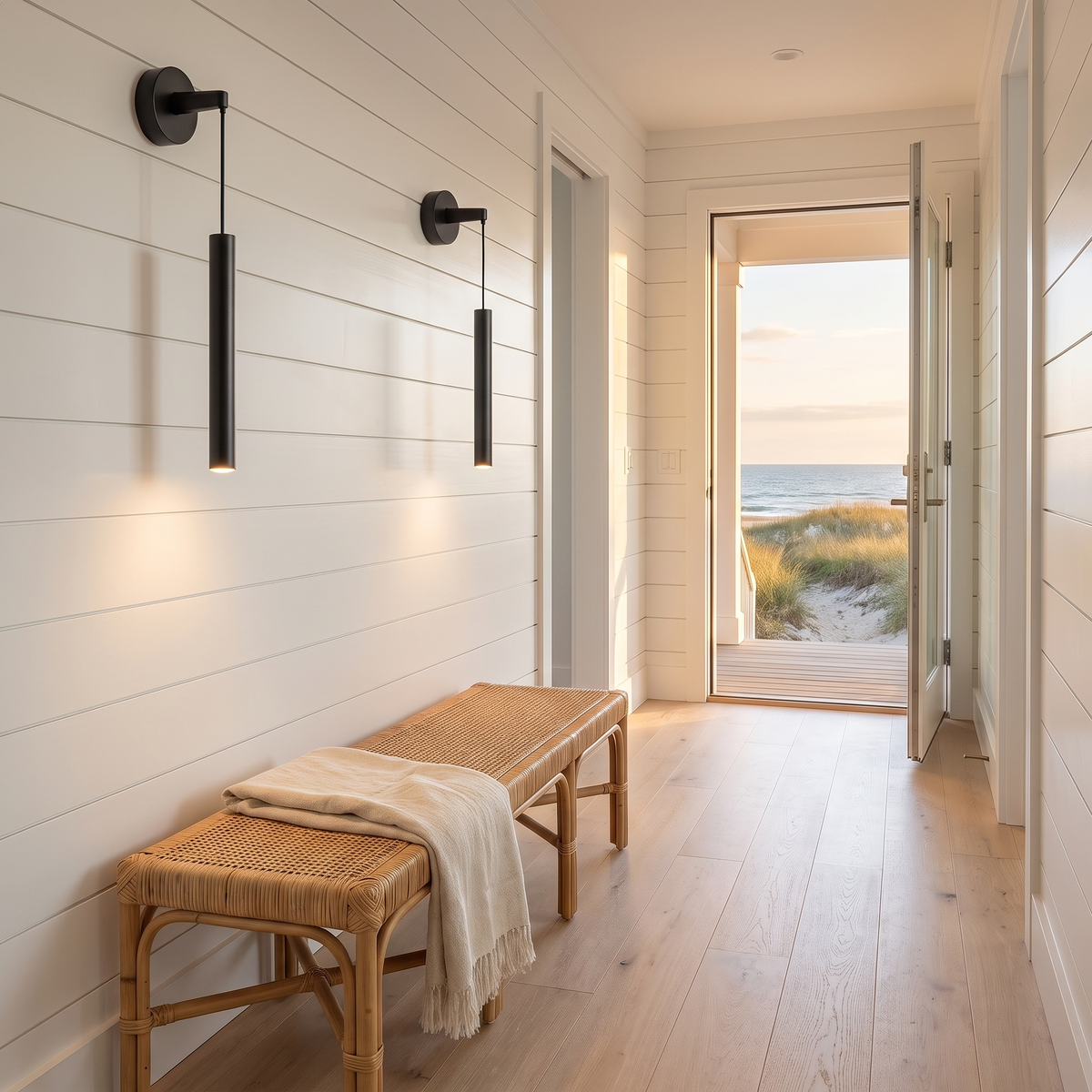 Sab black suspended LED wall lights along a coastal hallway