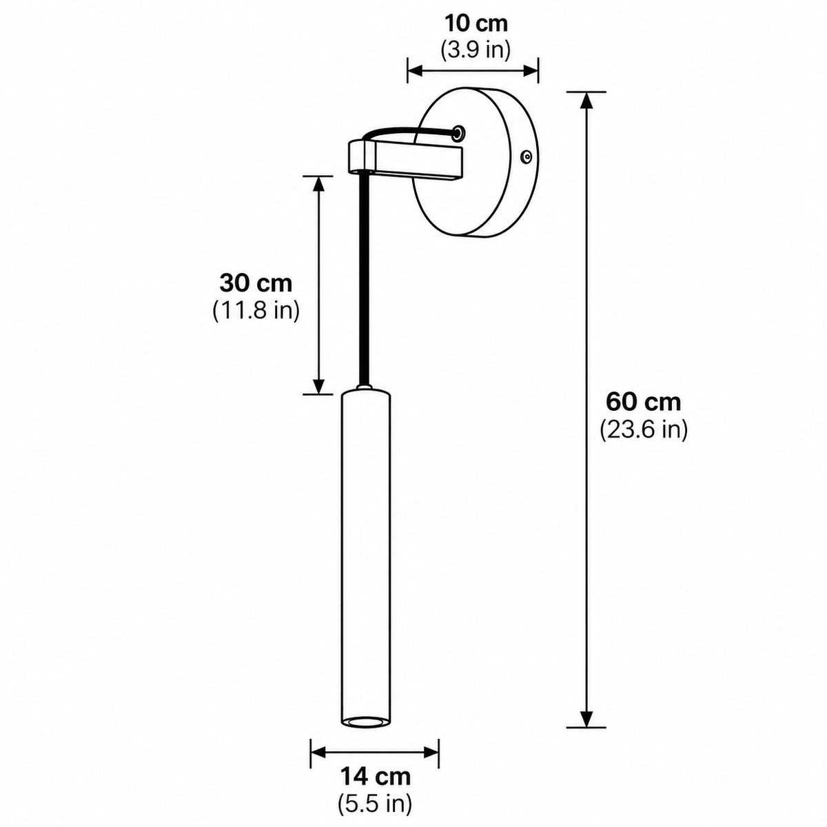 Sab wall sconce dimensions, 60cm overall height, 30cm cord drop, 10cm plate and 14cm projection