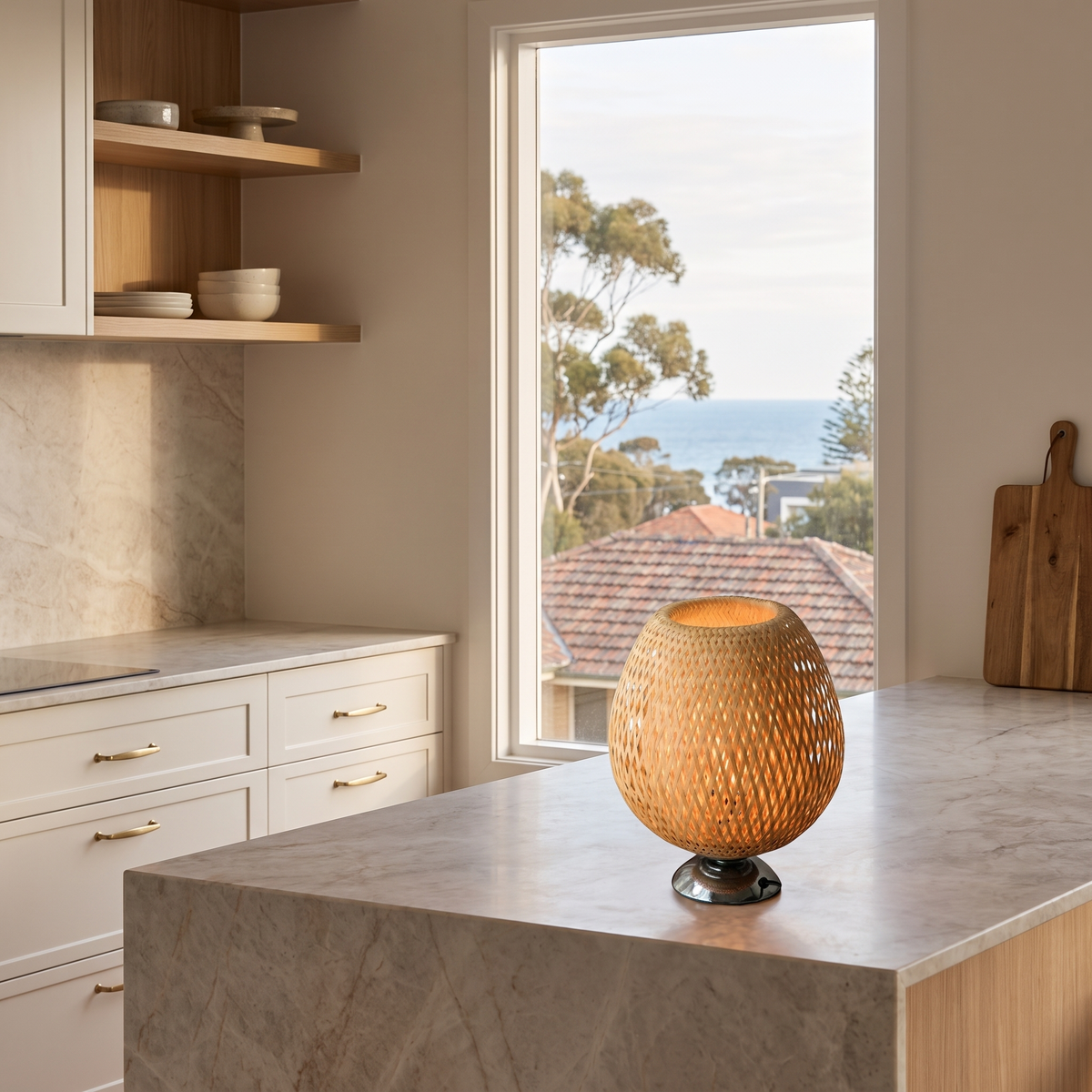 Sabatu bamboo table lamp short size with metal base on a marble kitchen island bench