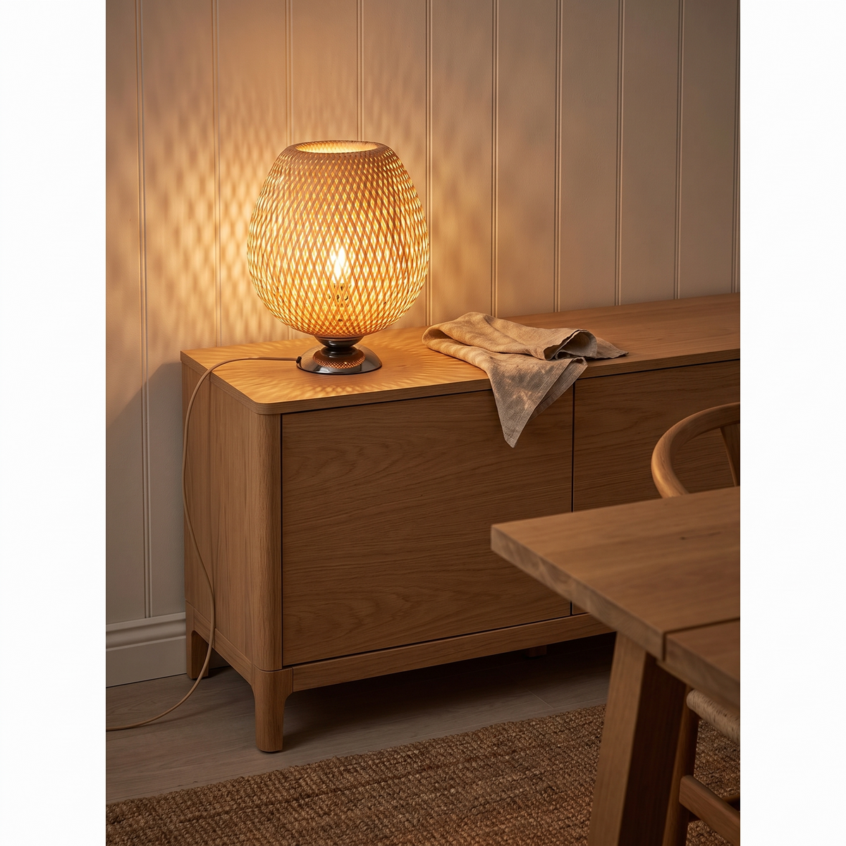 Sabatu bamboo table lamp short size with metal base glowing on an oak dining sideboard