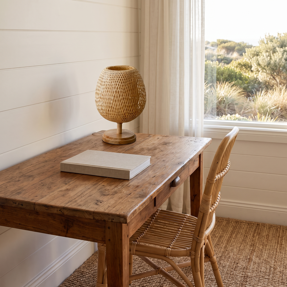 Sabatu bamboo table lamp short size with wood base on a timber desk in a coastal study