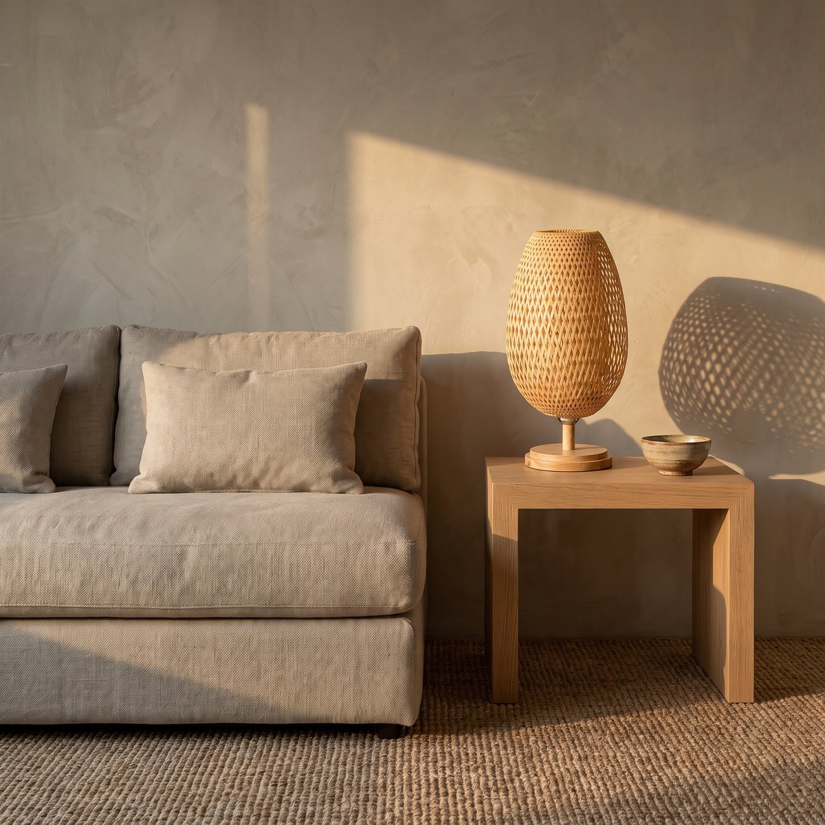 Sabatu bamboo table lamp tall size with wood base on an oak side table in a Japandi living room
