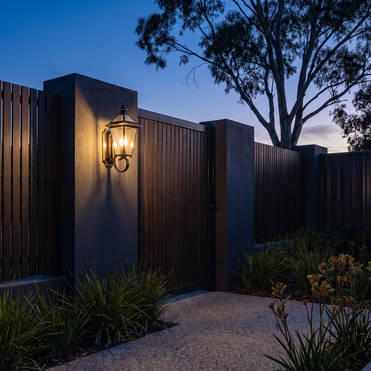 Black Sade brass wall lantern casting warm light on a white rendered courtyard wall
