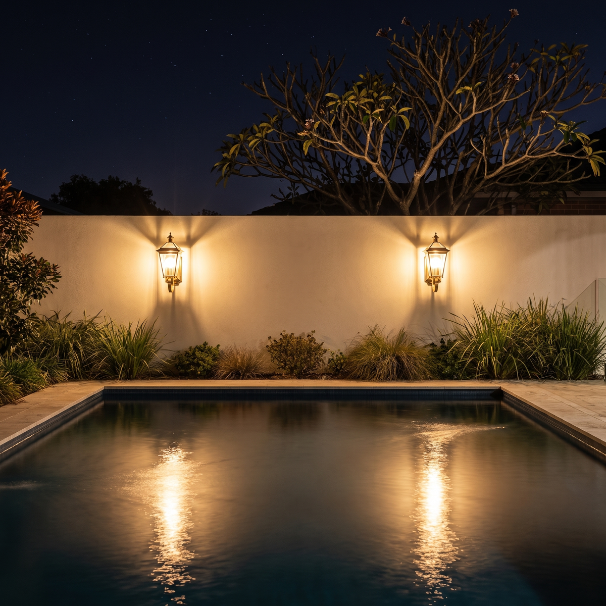 Bronze Sade brass wall lantern glowing warm on a rendered brick entry wall at night