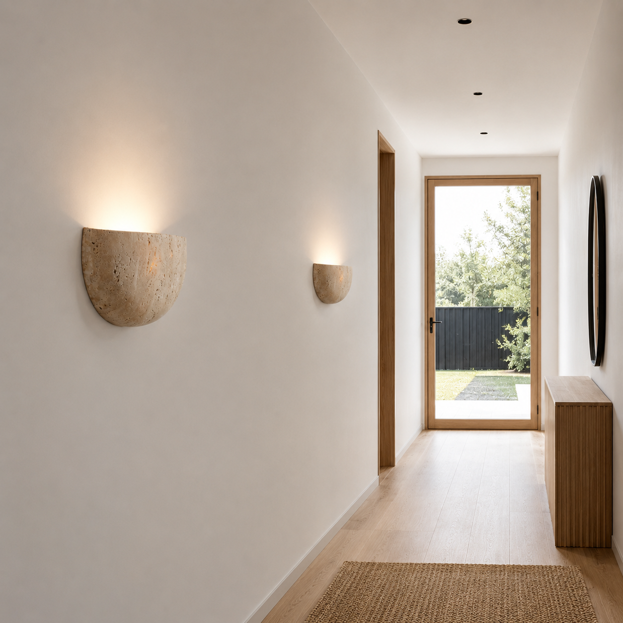 Close-up of the Sali travertine wall lamp's natural stone texture