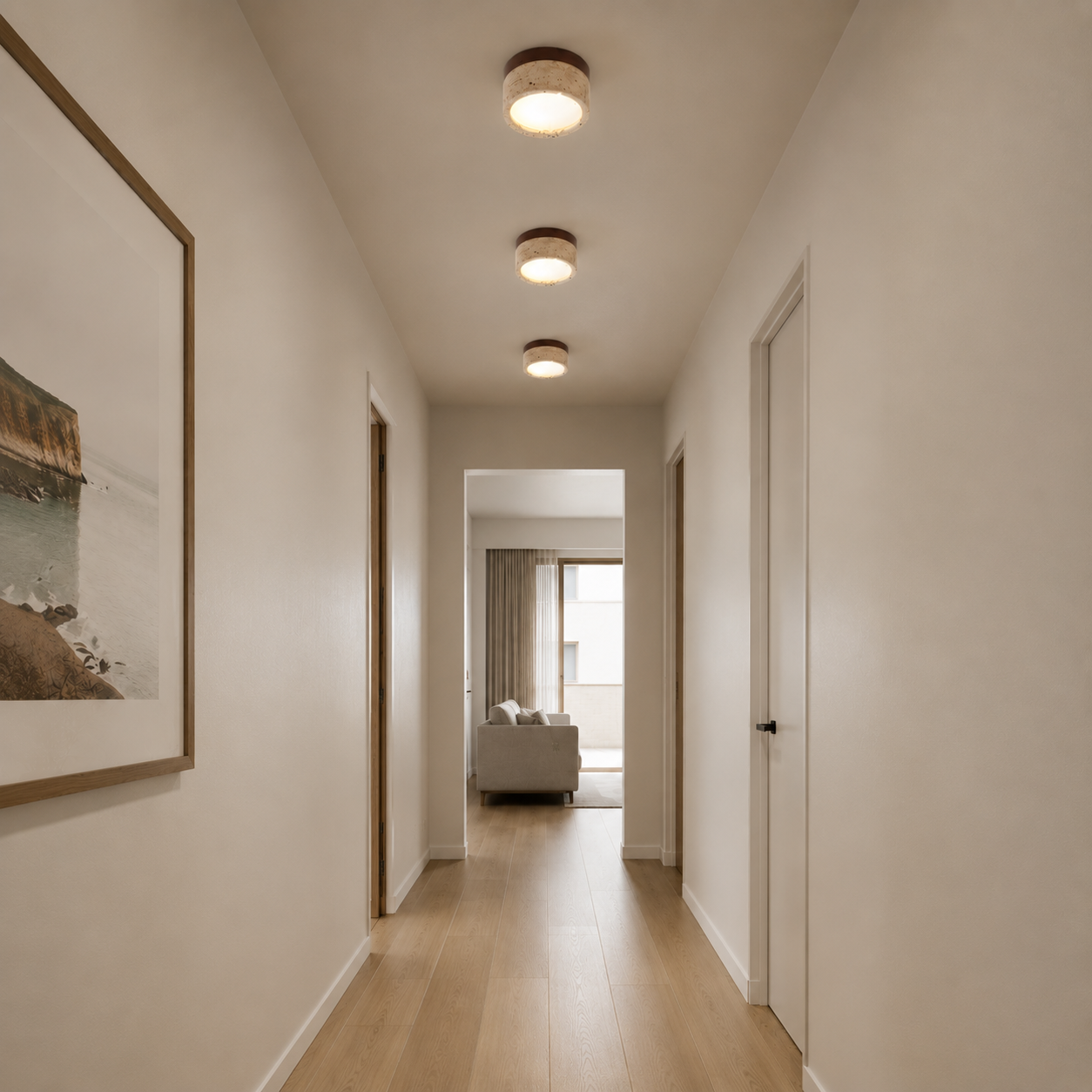 Sandi LED downlight in burlywood tone installed in hallway ceiling