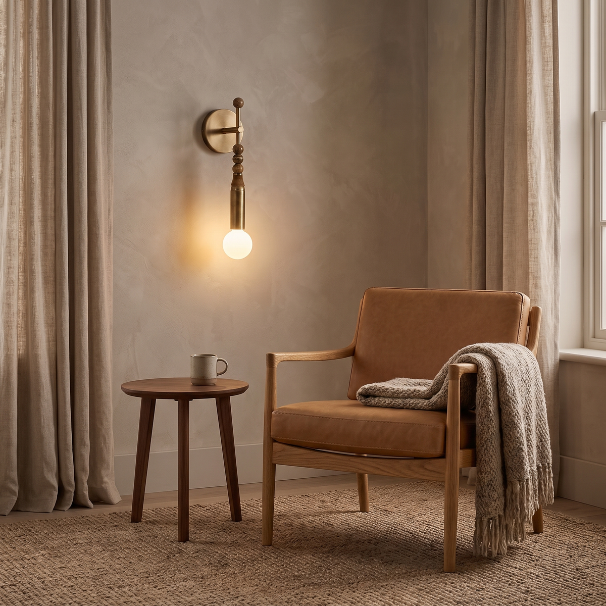 Sands brass and brown marble bead wall sconce beside a leather lounge chair