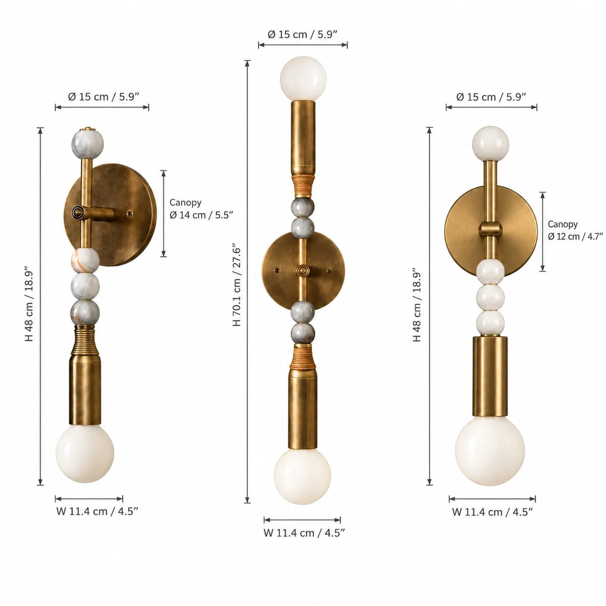 Sands wall sconce sizes, single 48cm tall with 14cm or 12cm canopy and double 70cm tall