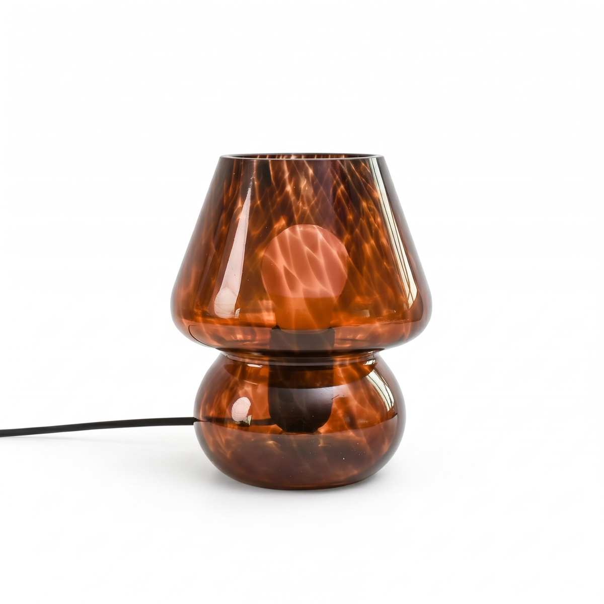 Sargi stained glass mushroom table lamp in brown on a white background