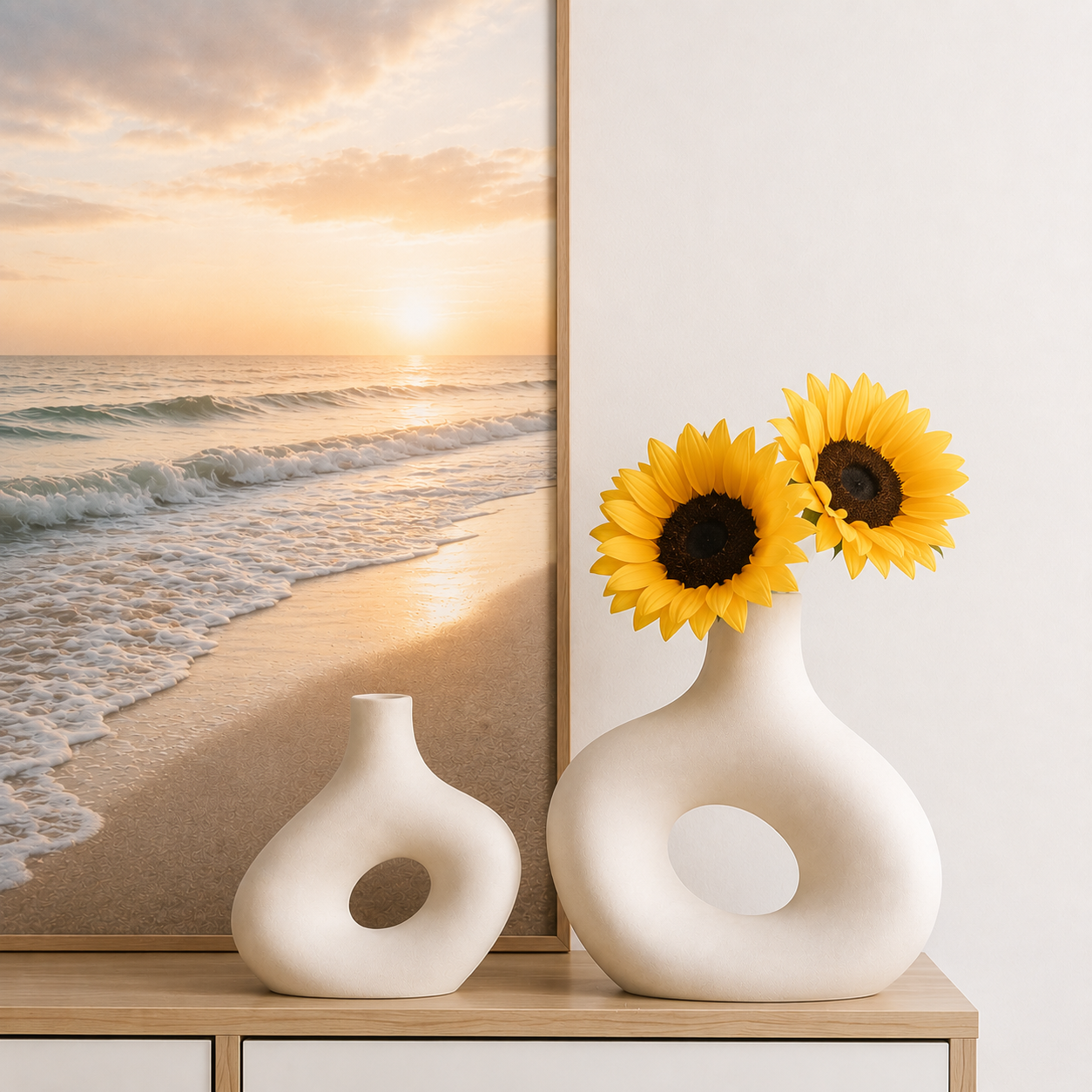 Sash Stoneware Vase displayed on a console table, showcasing its frosted finish