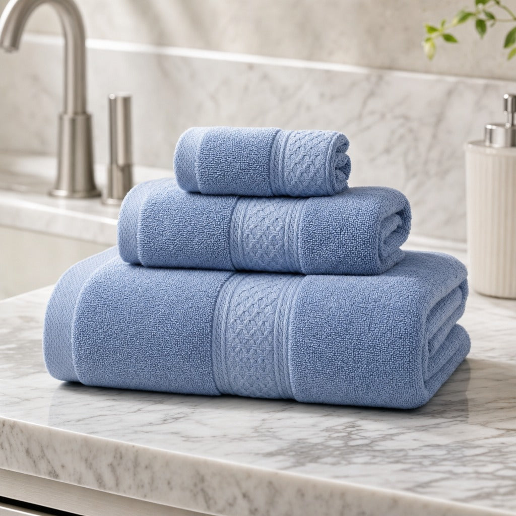 Serene 100% cotton bath towels in blue folded on a marble benchtop with fresh greenery