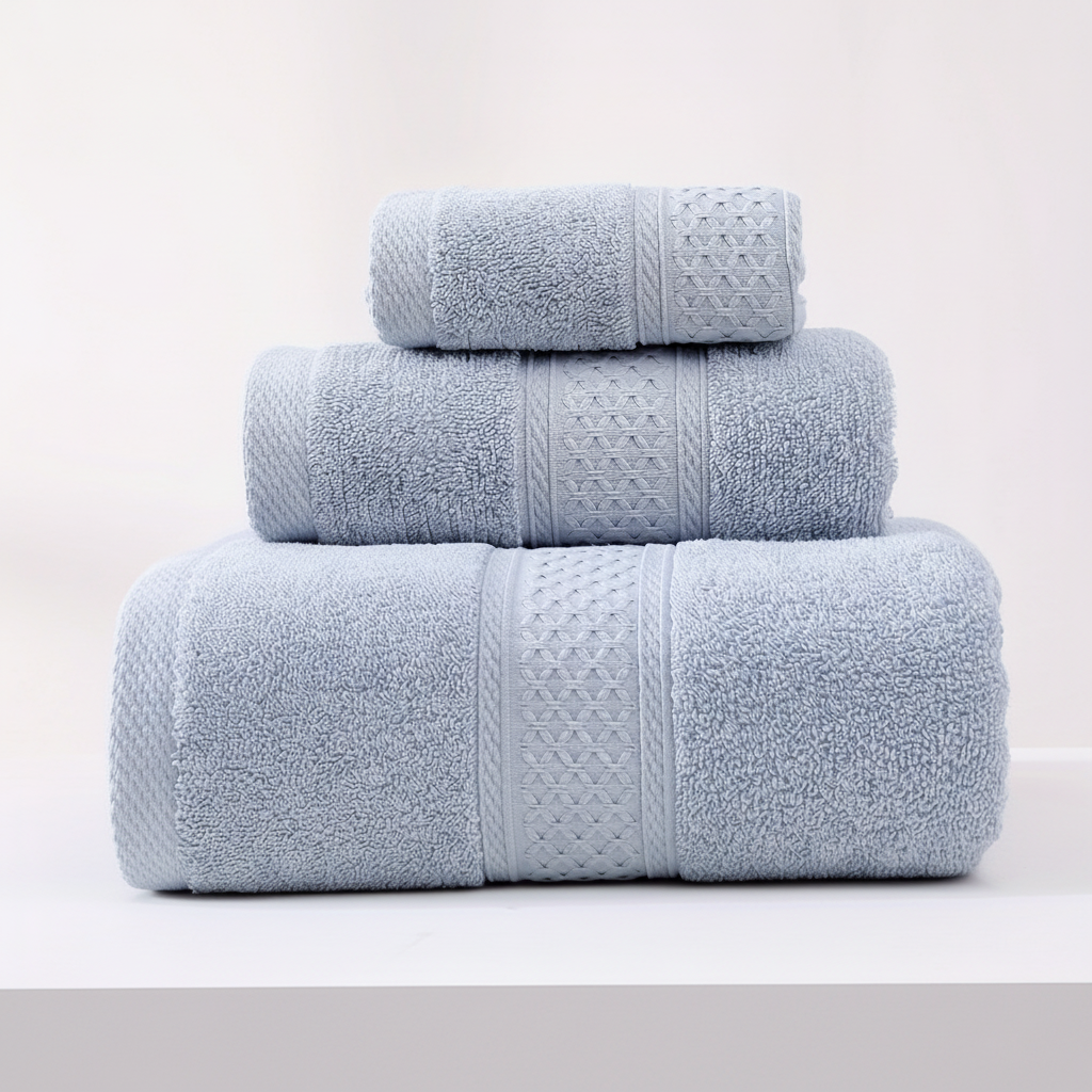 Serene cotton bath towel set in light blue stacked on a plain white background