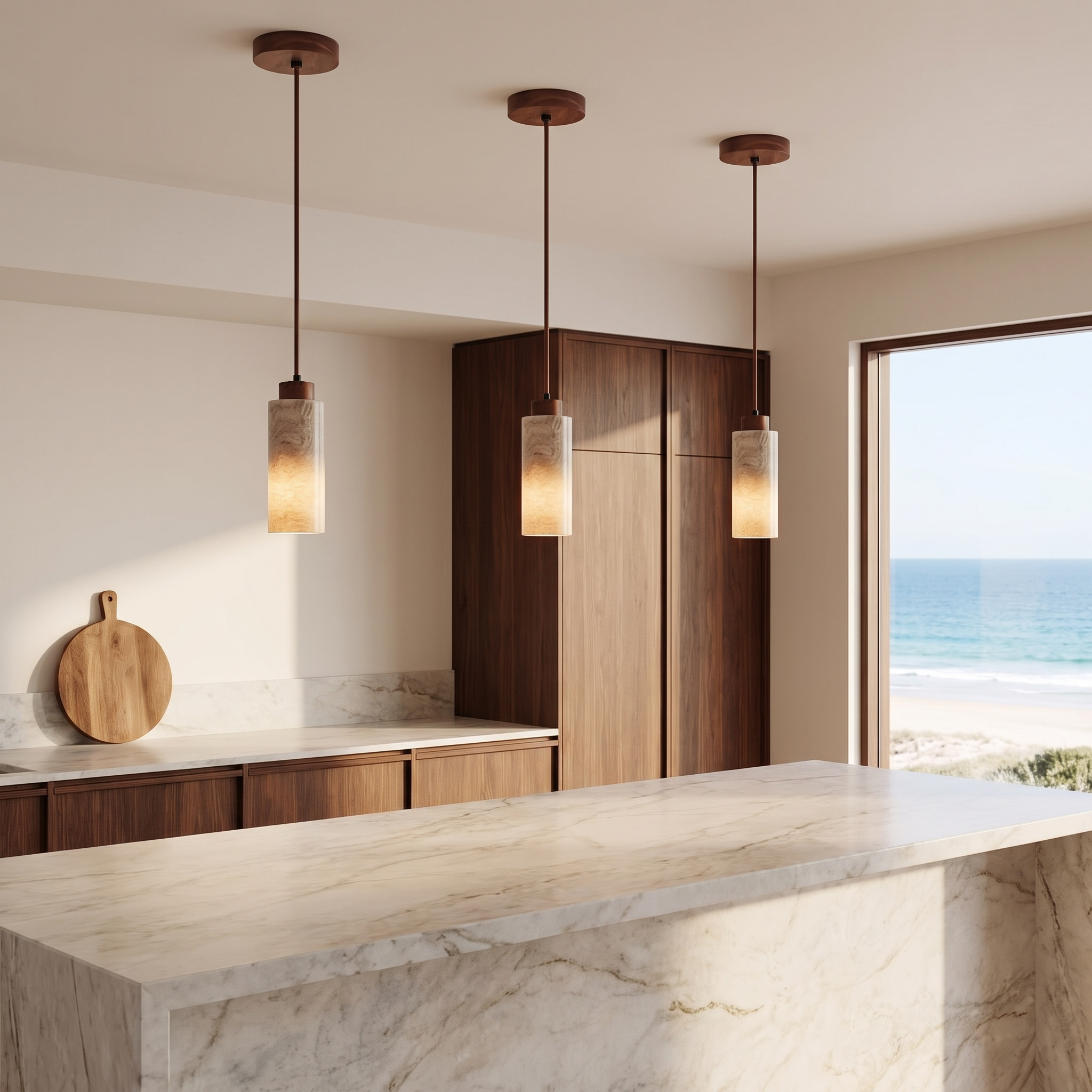 Sienna travertine pendant lights with round stone shades hung in a row of three over a marble kitchen island with an ocean view