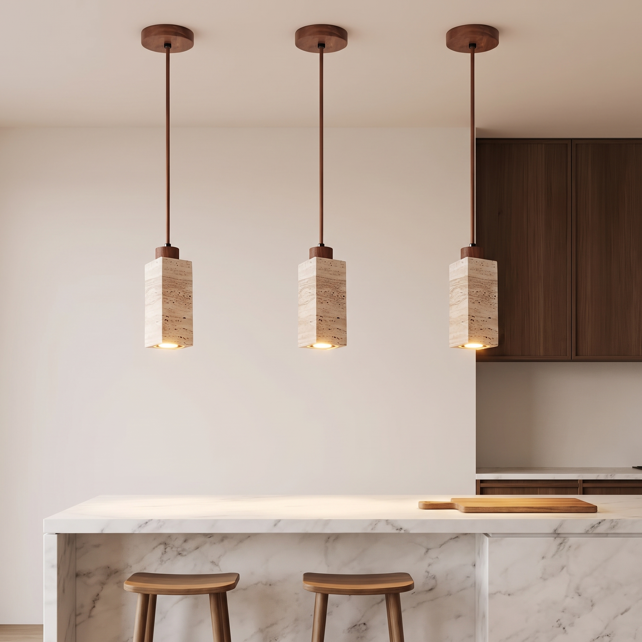 Sienna travertine pendant lights with square stone shades hung in a row of three over a marble breakfast bar