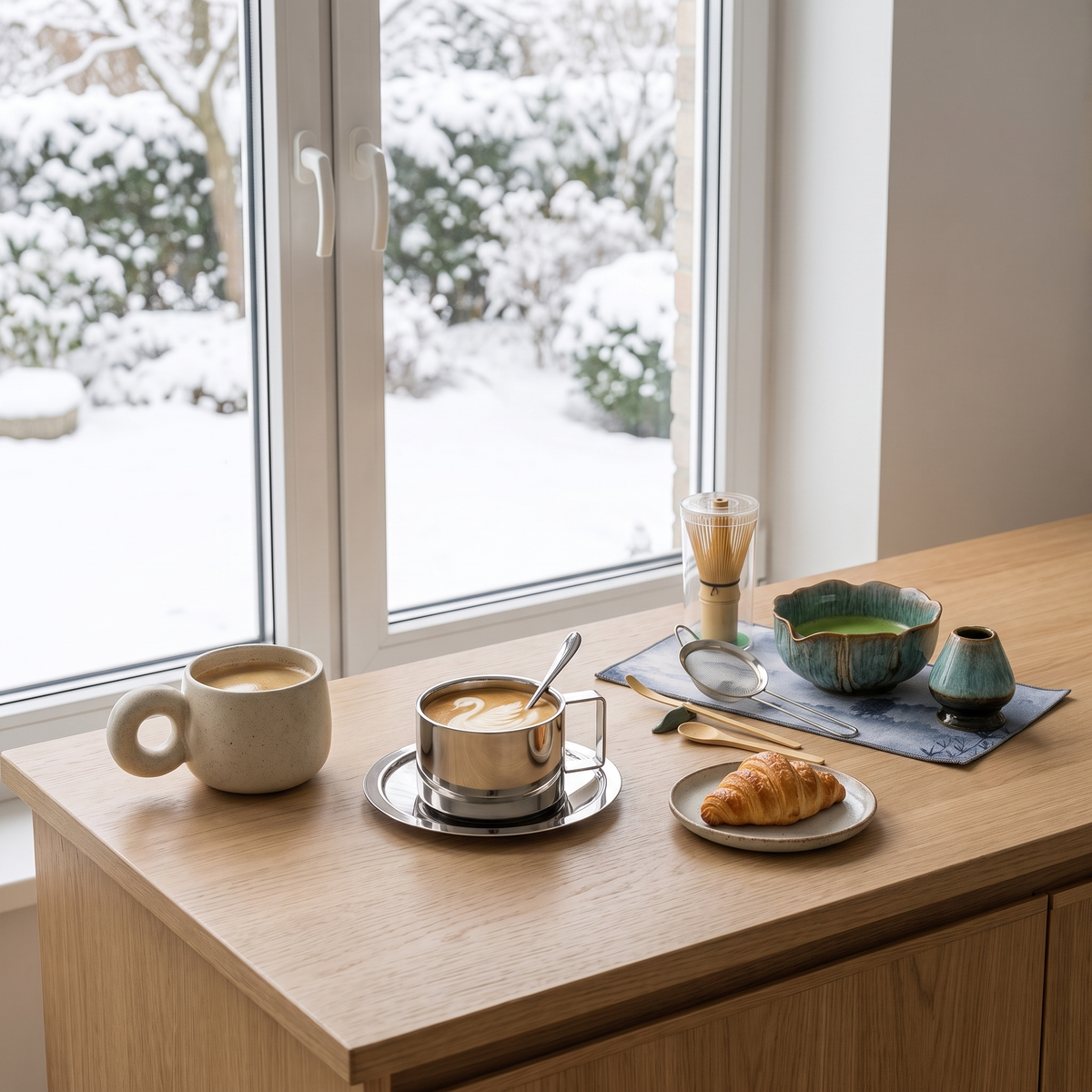 Lior ceramic mug, Tavra stainless coffee cup and Yuki matcha set on an oak kitchen bench in morning light