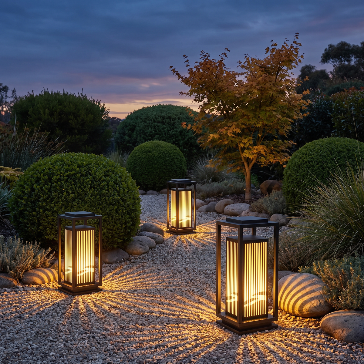 Small Ballina slatted outdoor lamps along a gravel path in a Japandi garden