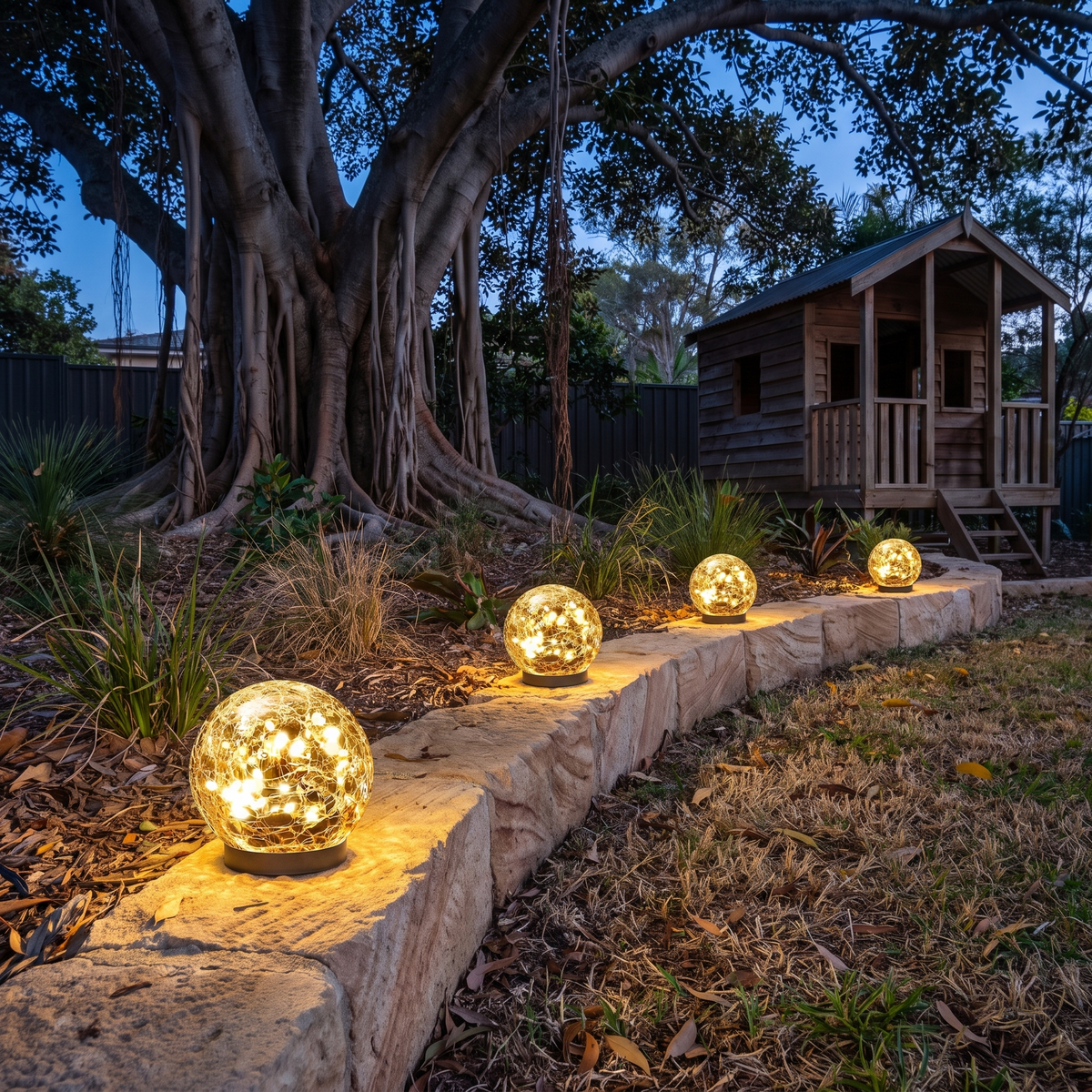 Small Luna solar orb lights along a sandstone garden wall