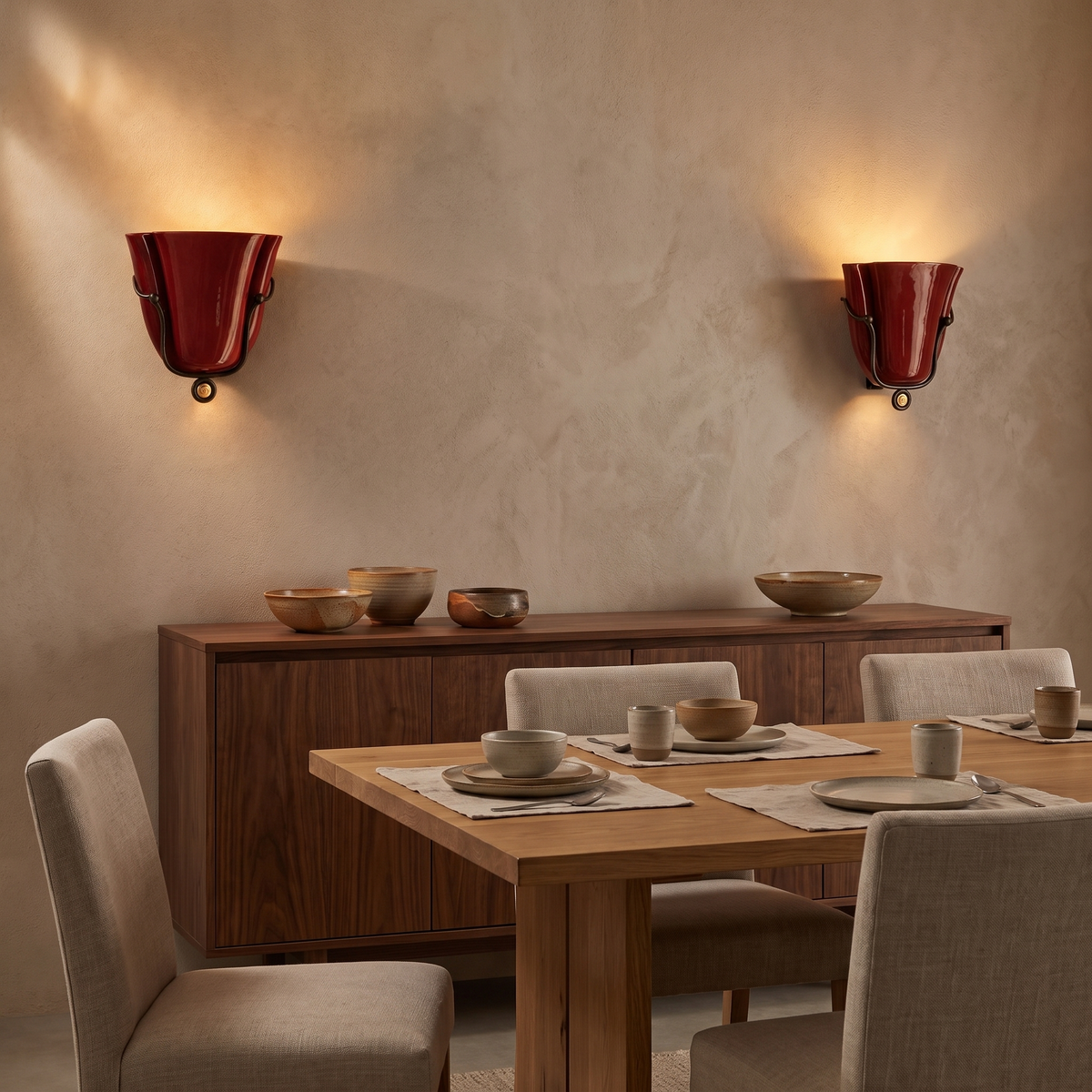 Smyth ceramic wall sconce in burgundy either side of a walnut sideboard in a dining room