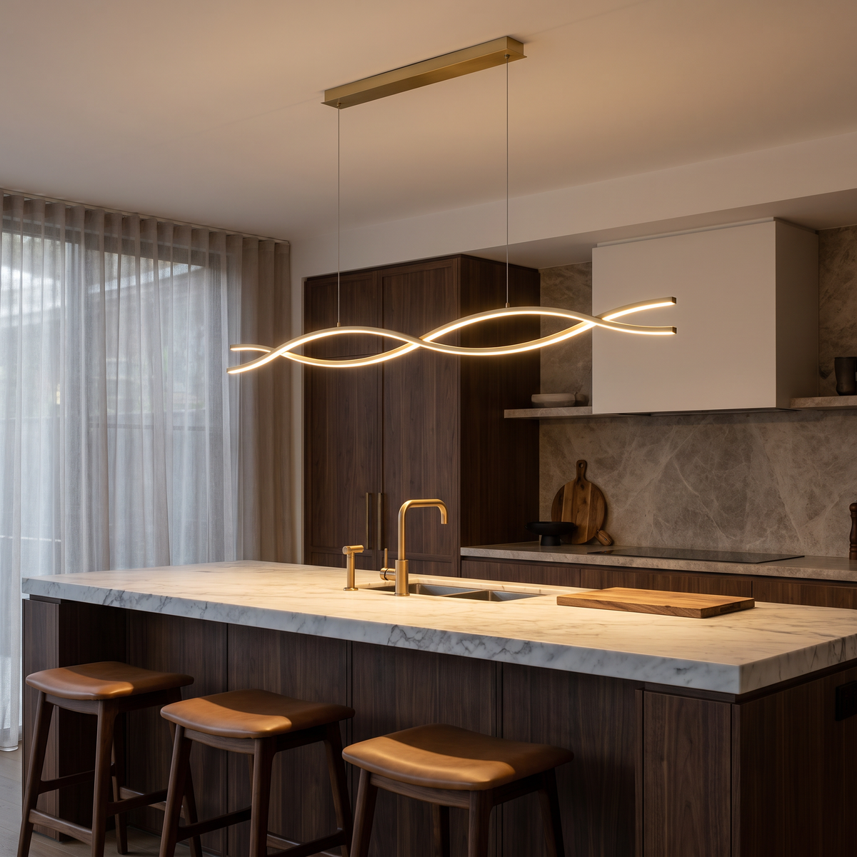 Soho gold 100cm wave LED pendant light hanging above a kitchen island