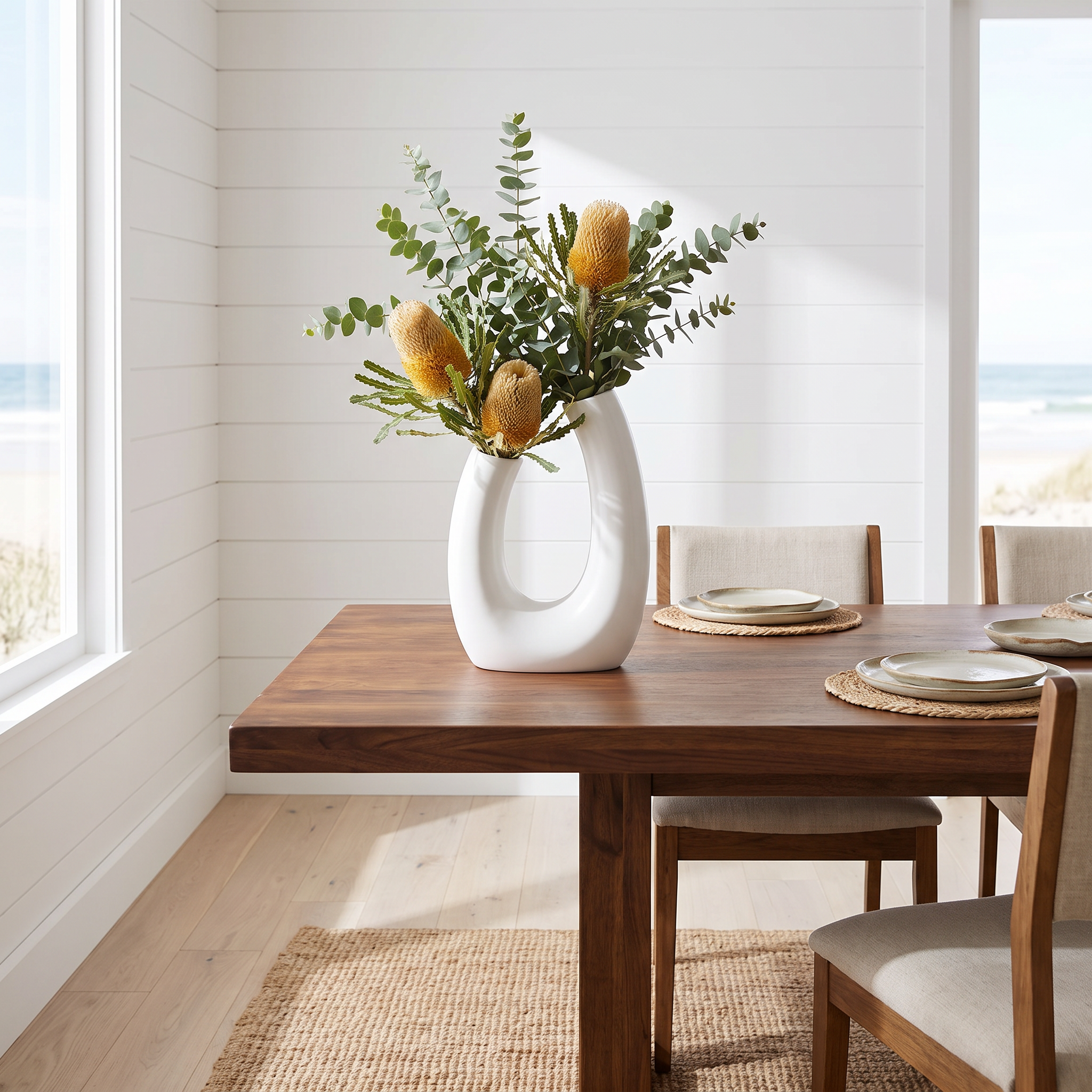 Solander white ceramic vase with a golden banksia on a dark-timber dining table in a coastal beach-house dining room