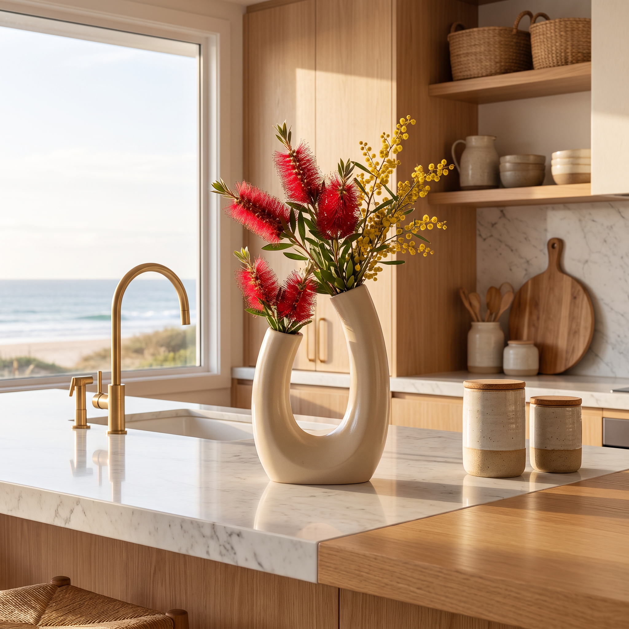 Solander beige ceramic vase with red bottlebrush and wattle on a kitchen bench