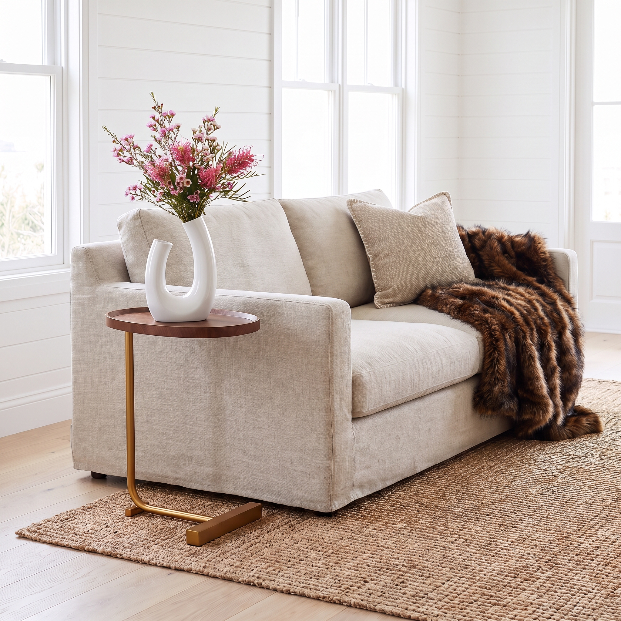 Solander white ceramic vase with native flowers on a walnut C-shaped side table beside a linen sofa