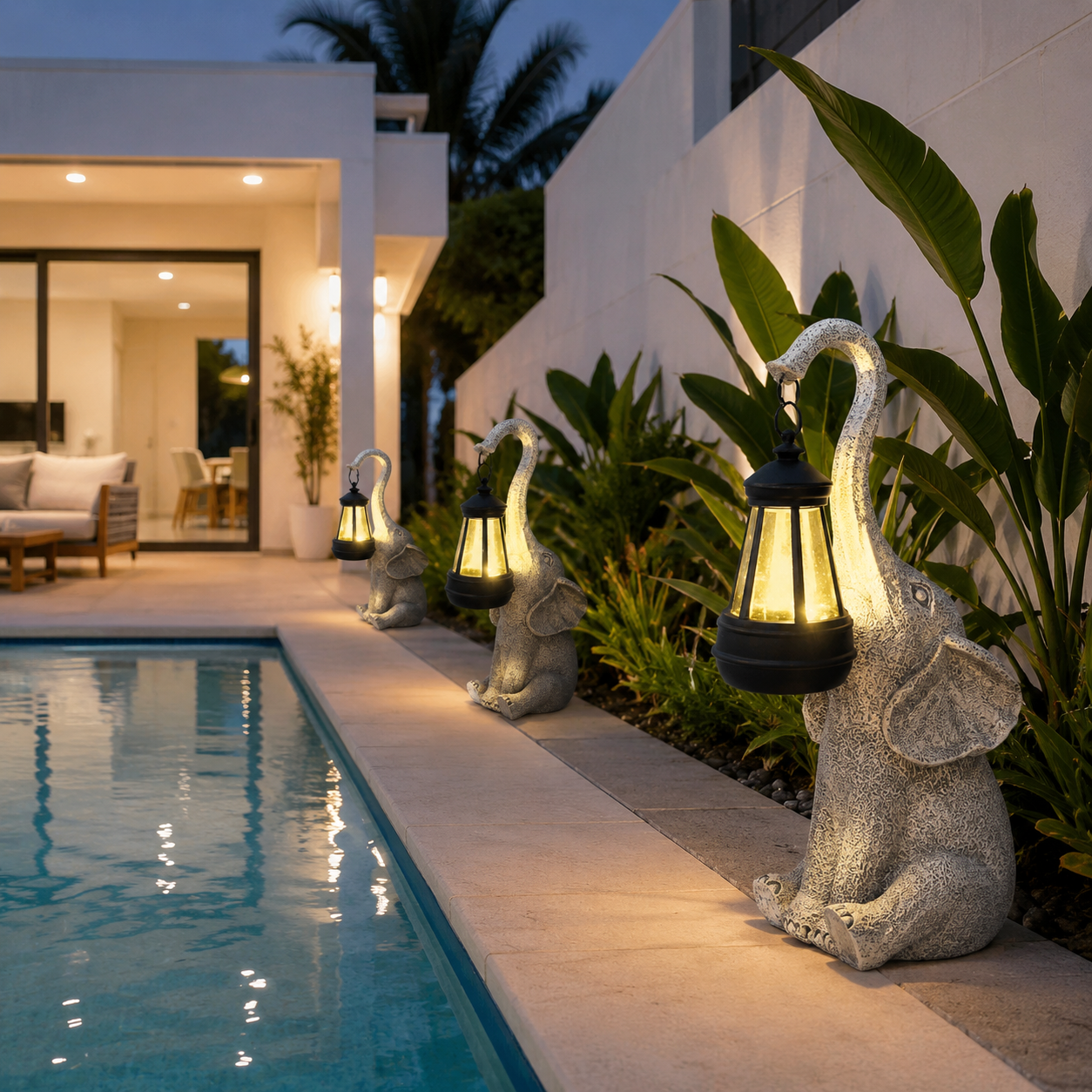 Solar Elephant Garden Light displayed in a garden bed