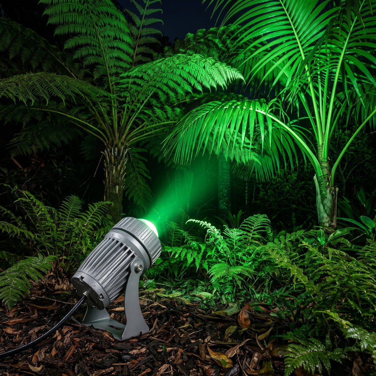 Solara green LED garden spotlight uplighting tree ferns