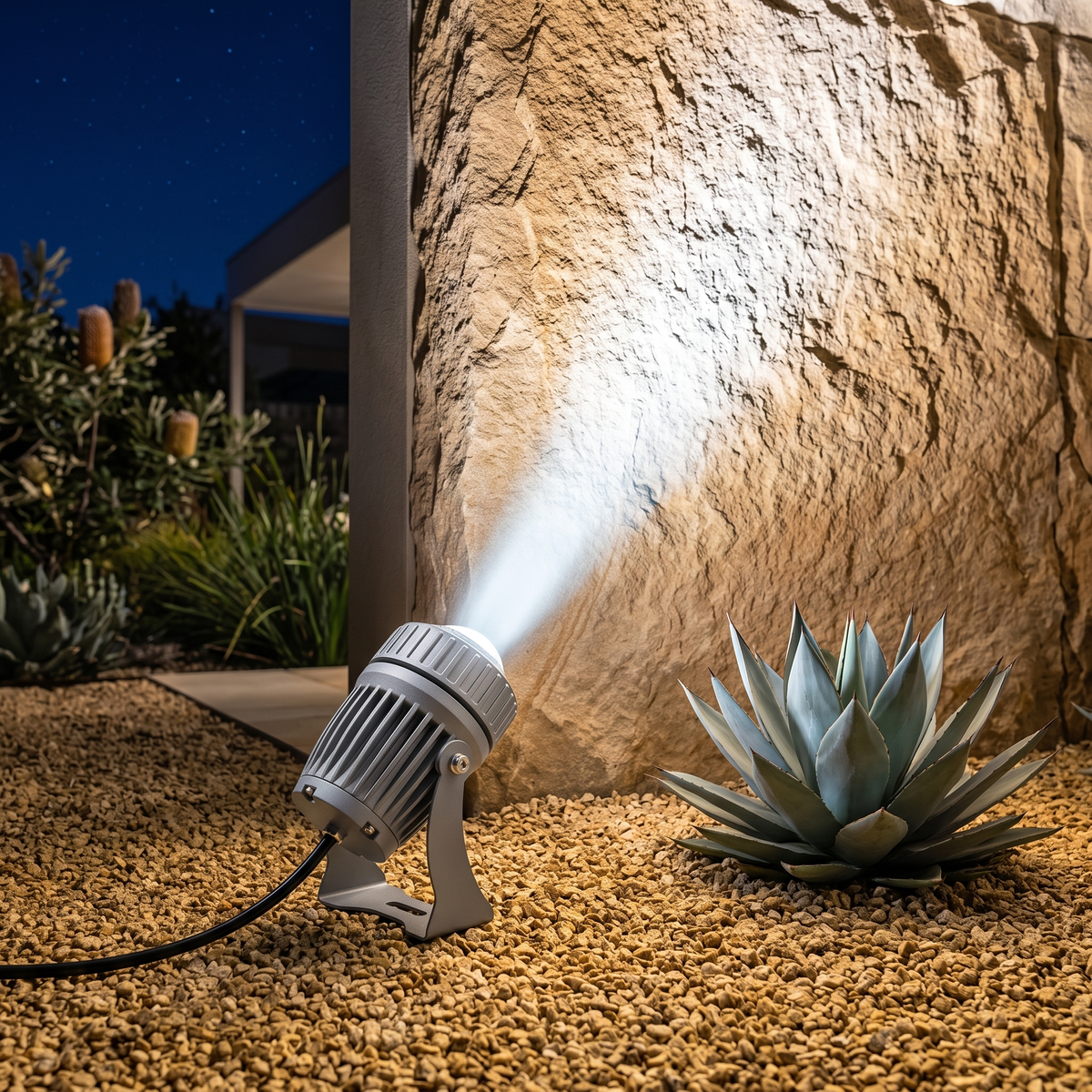Solara LED outdoor spotlight in white grazing a sandstone feature wall