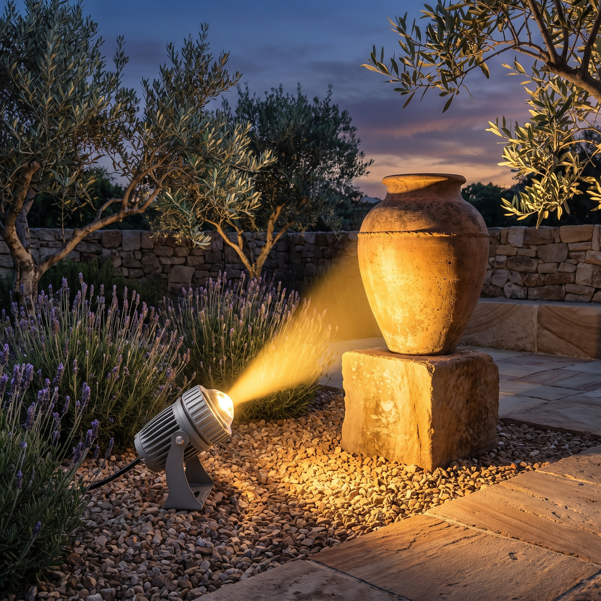 Solara yellow LED outdoor spotlight highlighting a garden urn