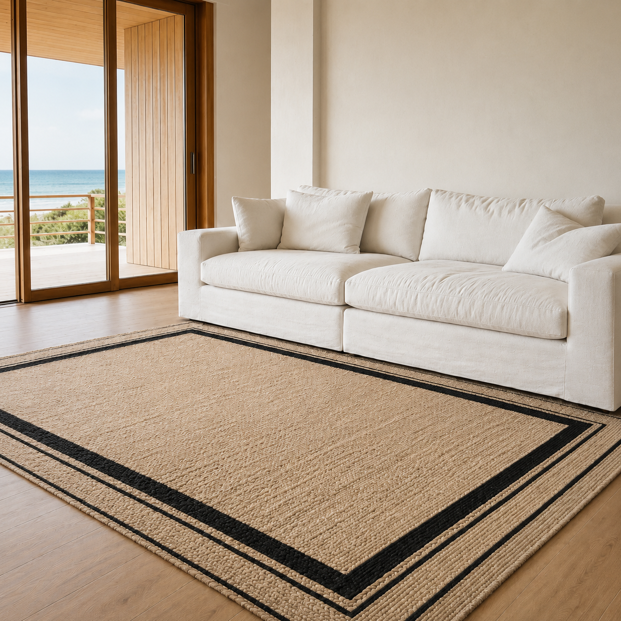 Solen Jute Rug handwoven from natural jute with a woven striped border