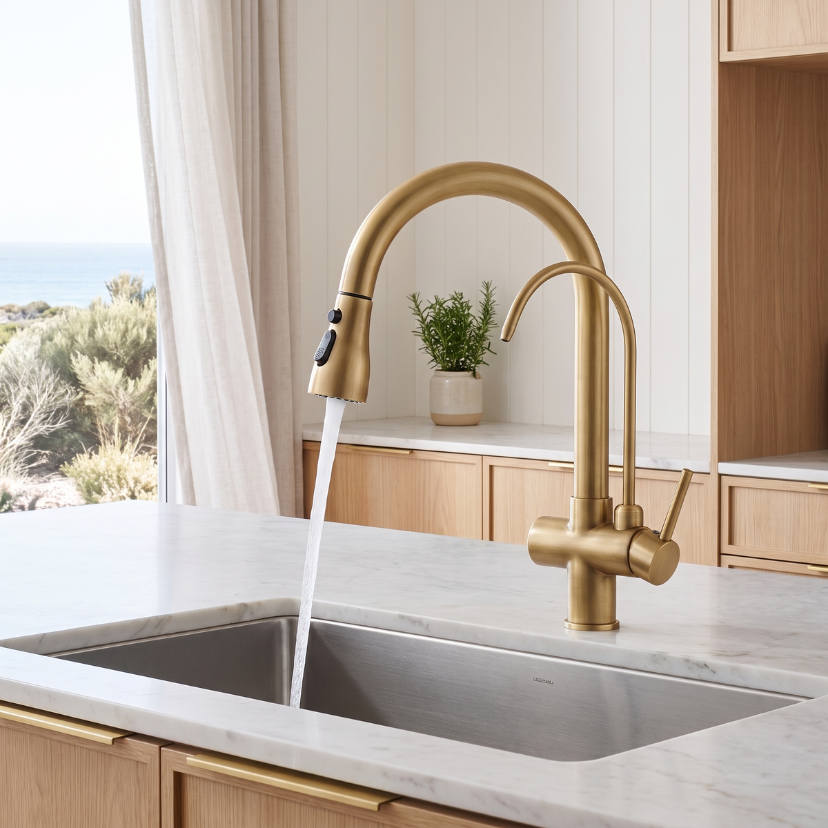 Solene 3-way kitchen mixer tap running water into a stainless sink in a coastal Australian kitchen