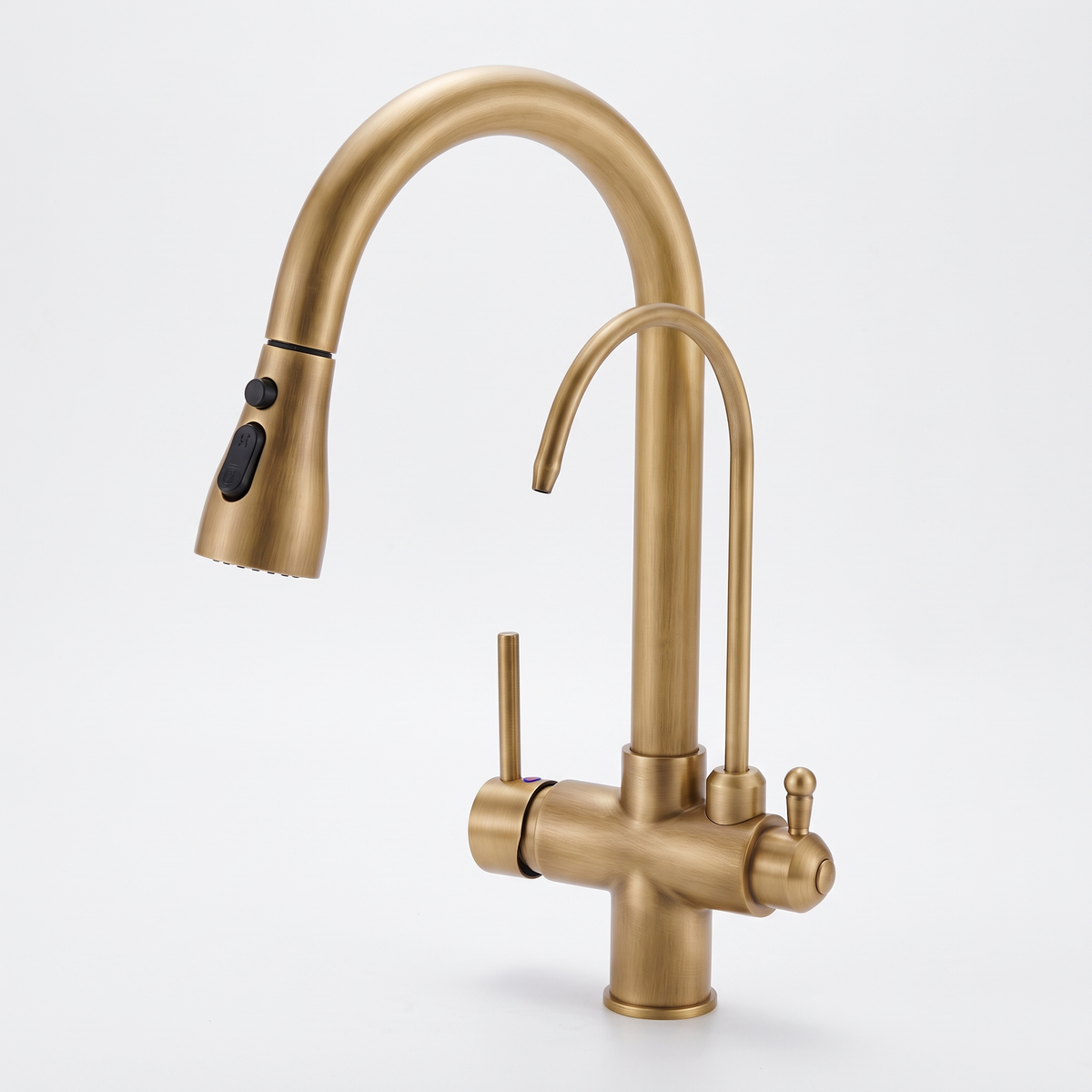 Solene 3-way kitchen mixer tap in antique brass on a plain white background
