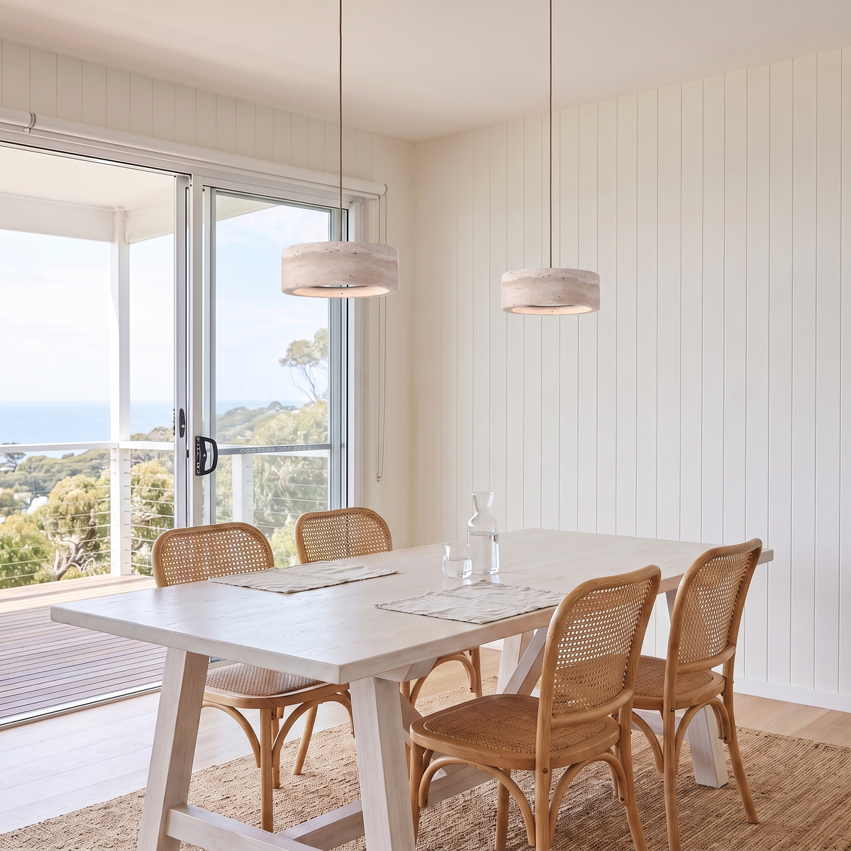 Sora flat edge travertine pendant lights, pair over a white dining table in a beach house with ocean view