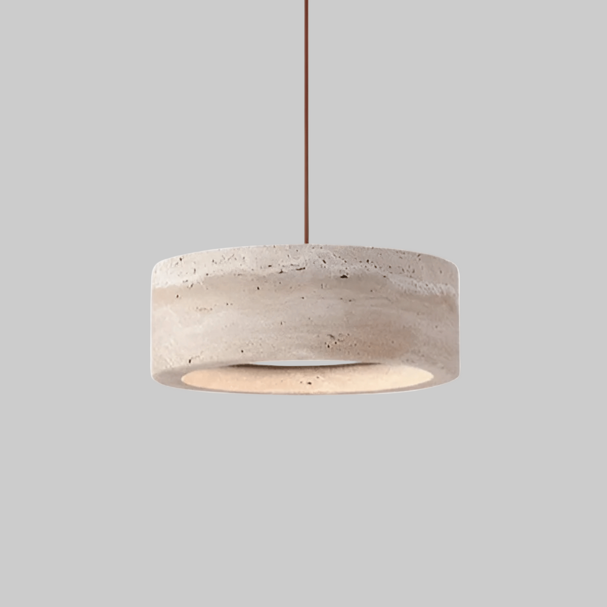 Sora flat edge travertine pendant light, natural stone drum shade with dimmable LED