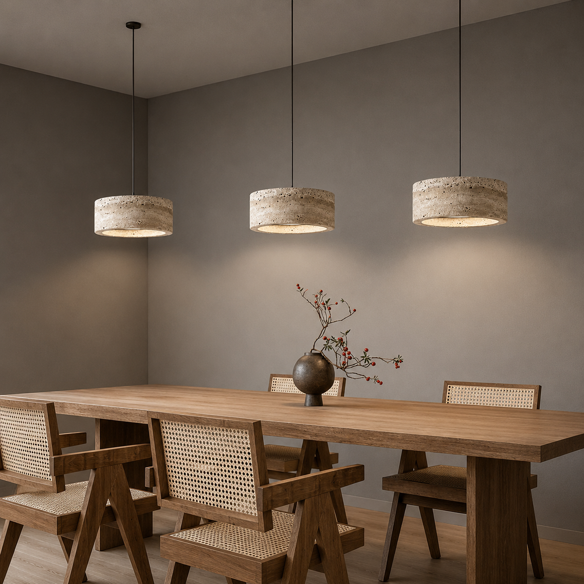 Sora flat edge travertine pendant lights, three stone drum pendants over an oak dining table with cane chairs