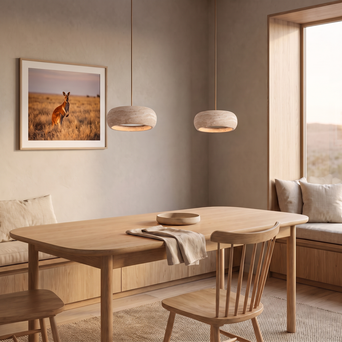 Sora rounded edge travertine pendant lights, pair of dimmable LED stone pendants over an oak dining table