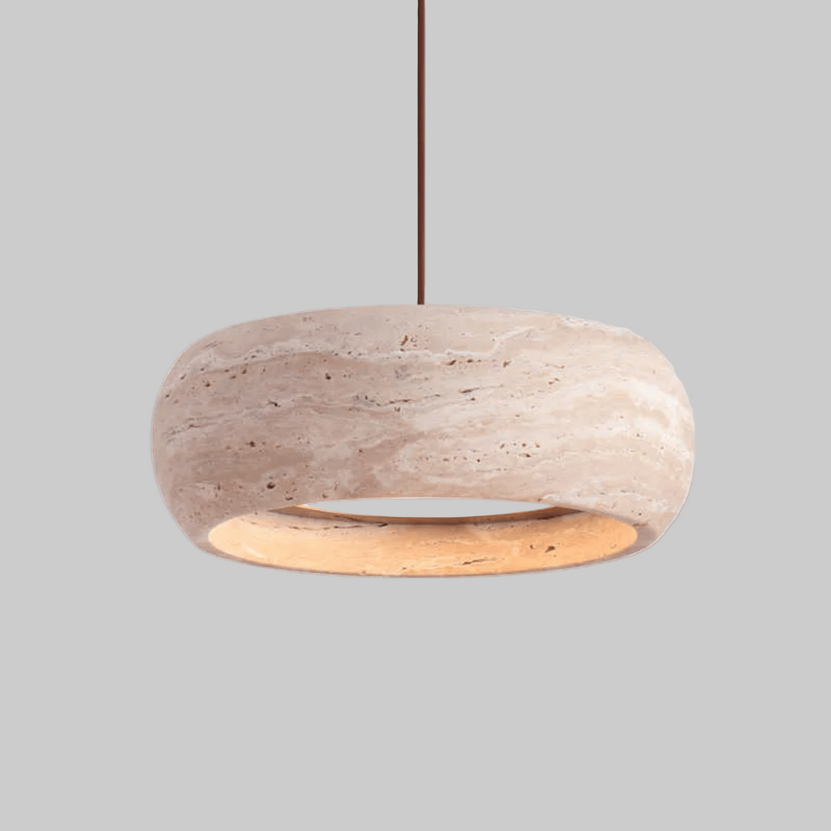 Sora rounded edge travertine pendant light, natural stone shade with dimmable tri-colour LED