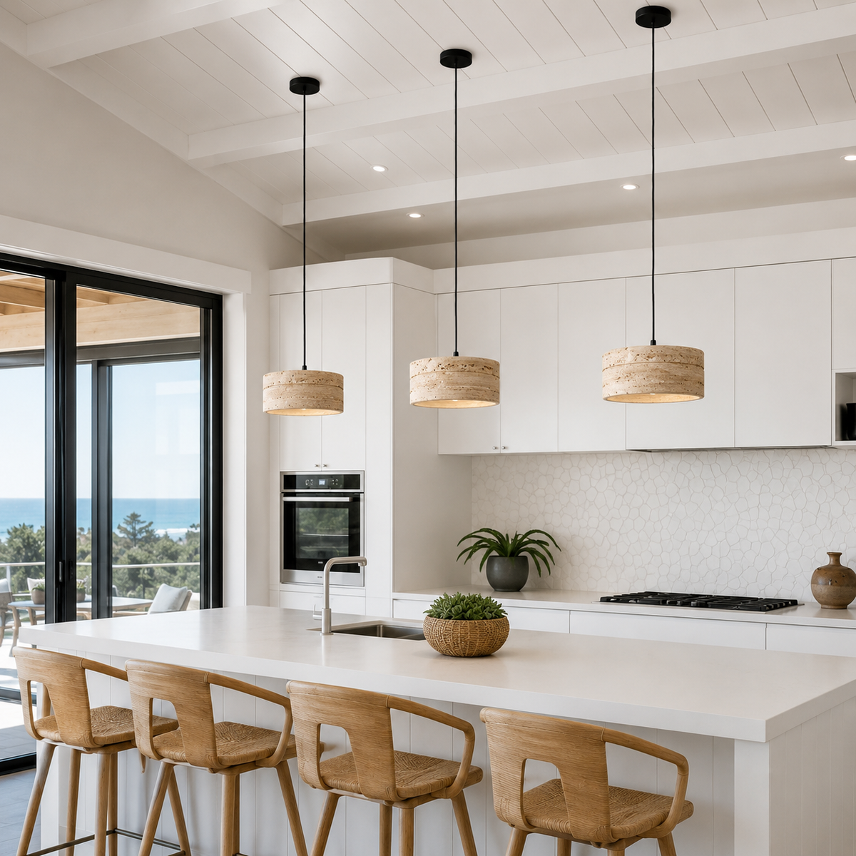 Sora travertine pendant lights, three stone pendants over a white kitchen island in a coastal home