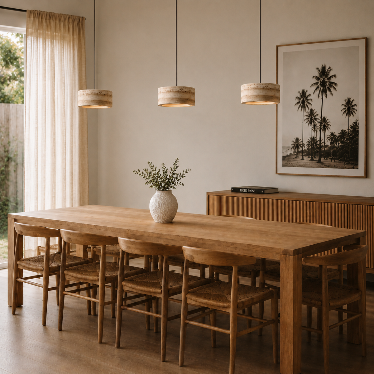 Sora travertine pendant lights, three natural stone drum pendants over a long timber dining table