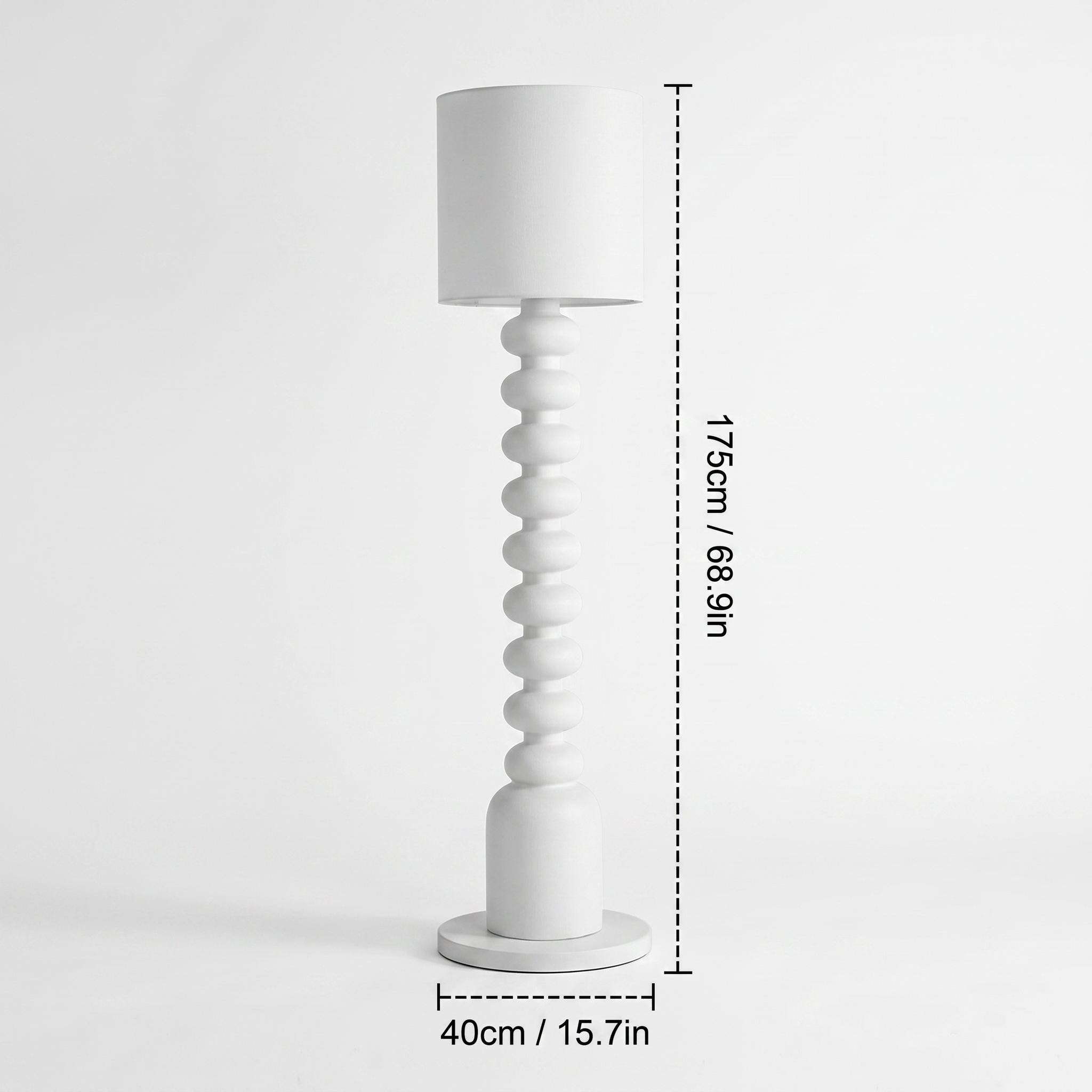 Sorrento floor lamp dimensions diagram in black and white, 175cm/68.9in high and 40cm/15.7in base diameter