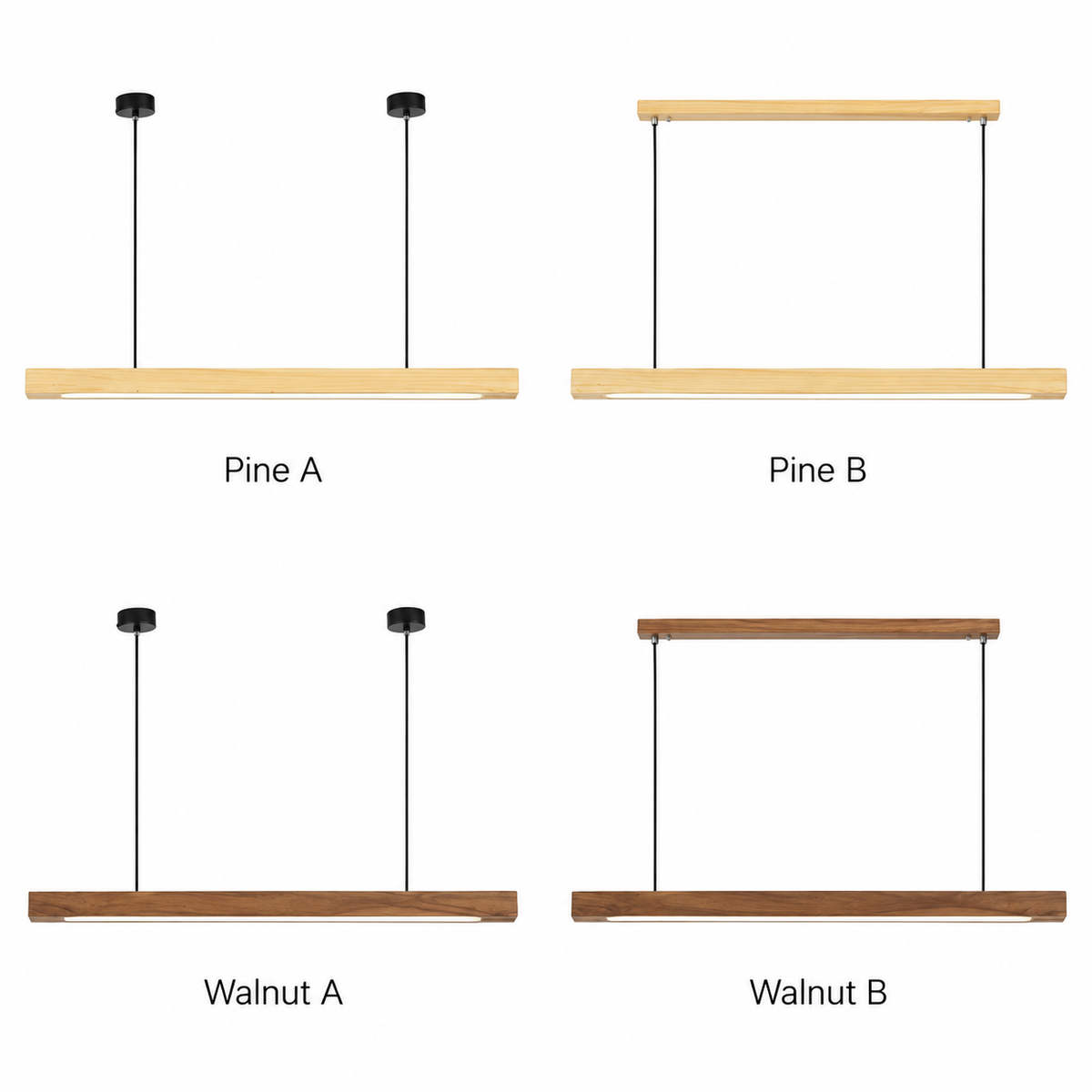 Sorrento pendant colour and mount chart: Pine A and Walnut A on cables, Pine B and Walnut B with a ceiling rail