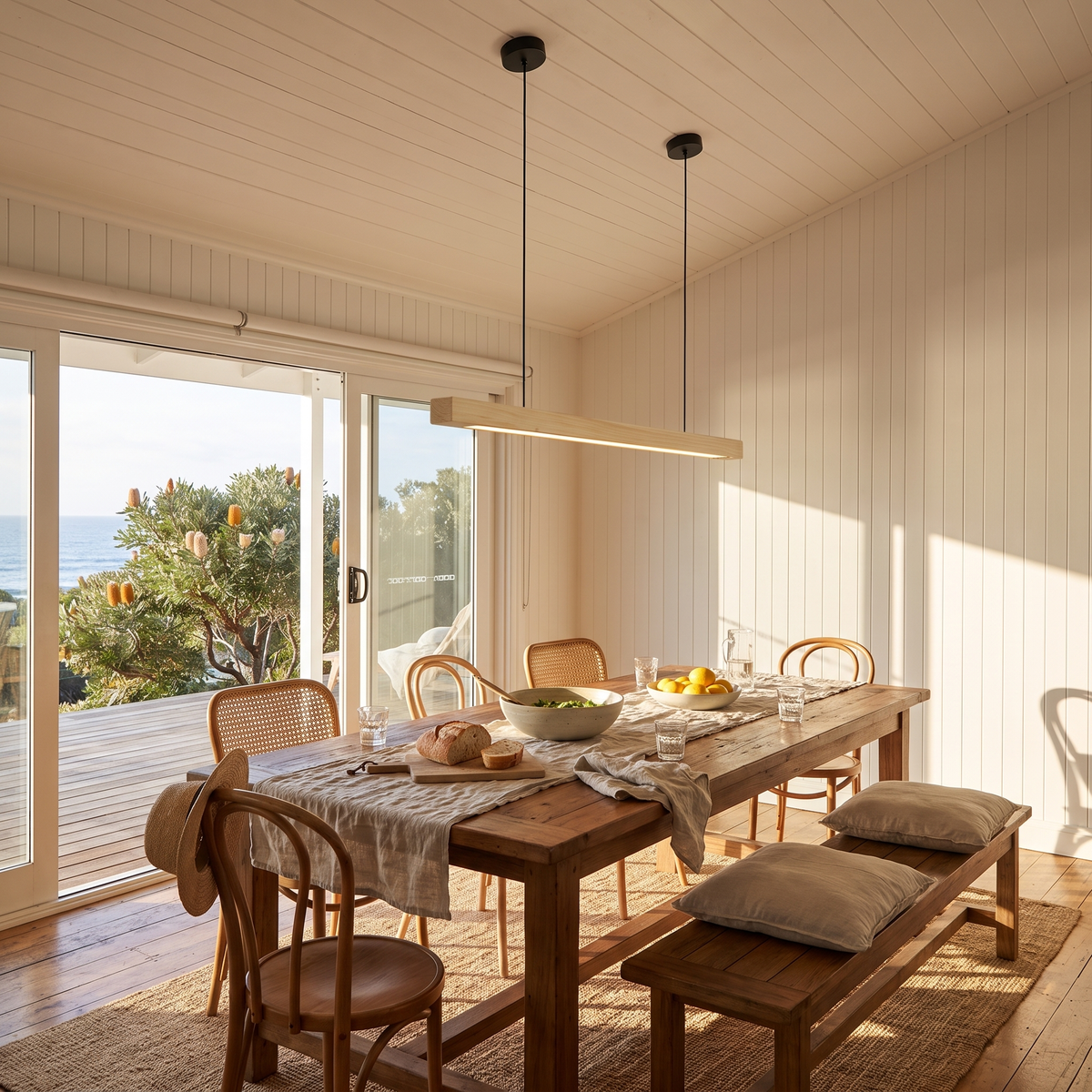 Sorrento pendant in Pine A over a long timber table in an Australian beach house set for lunch
