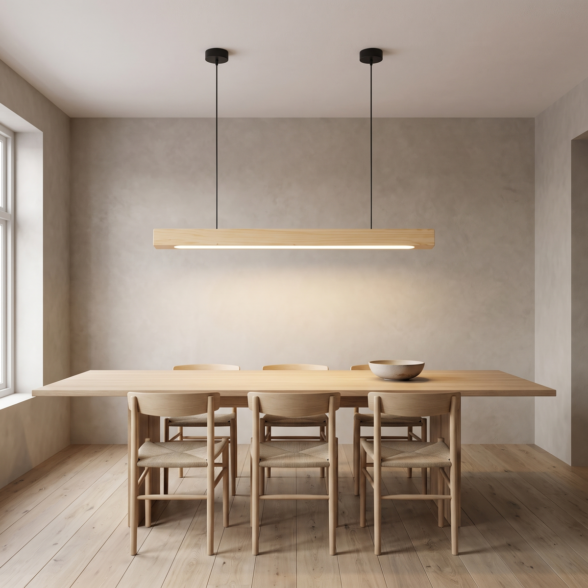 Sorrento pendant light in Pine A above an oak dining table in a Scandinavian dining room