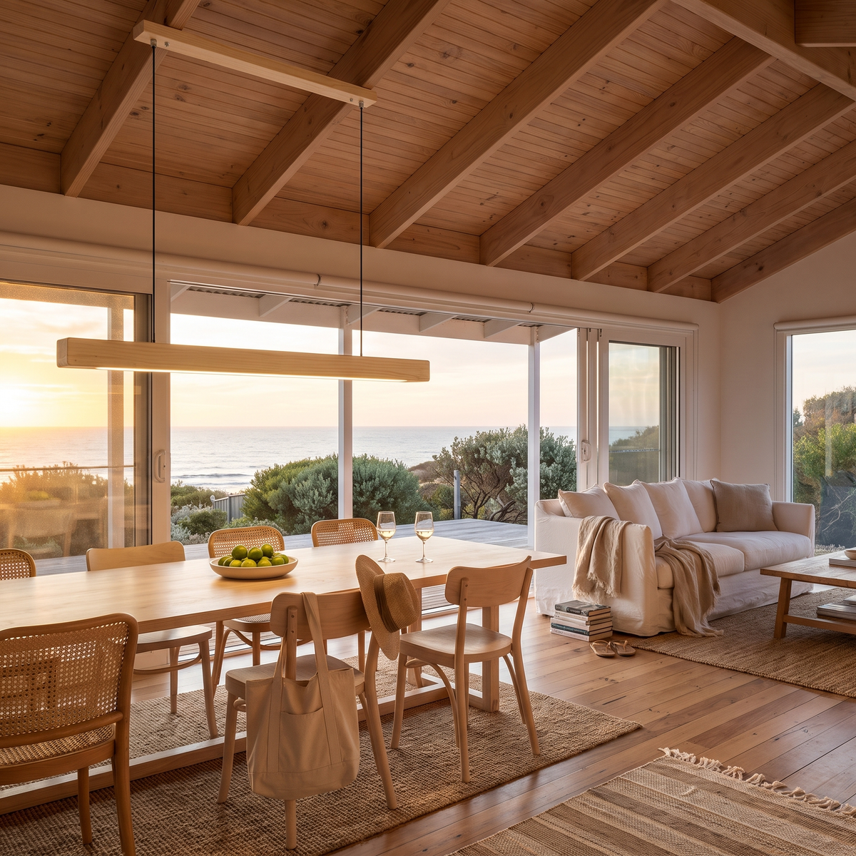 Sorrento pendant in Pine B under exposed rafters in an open-plan beach house at sunset